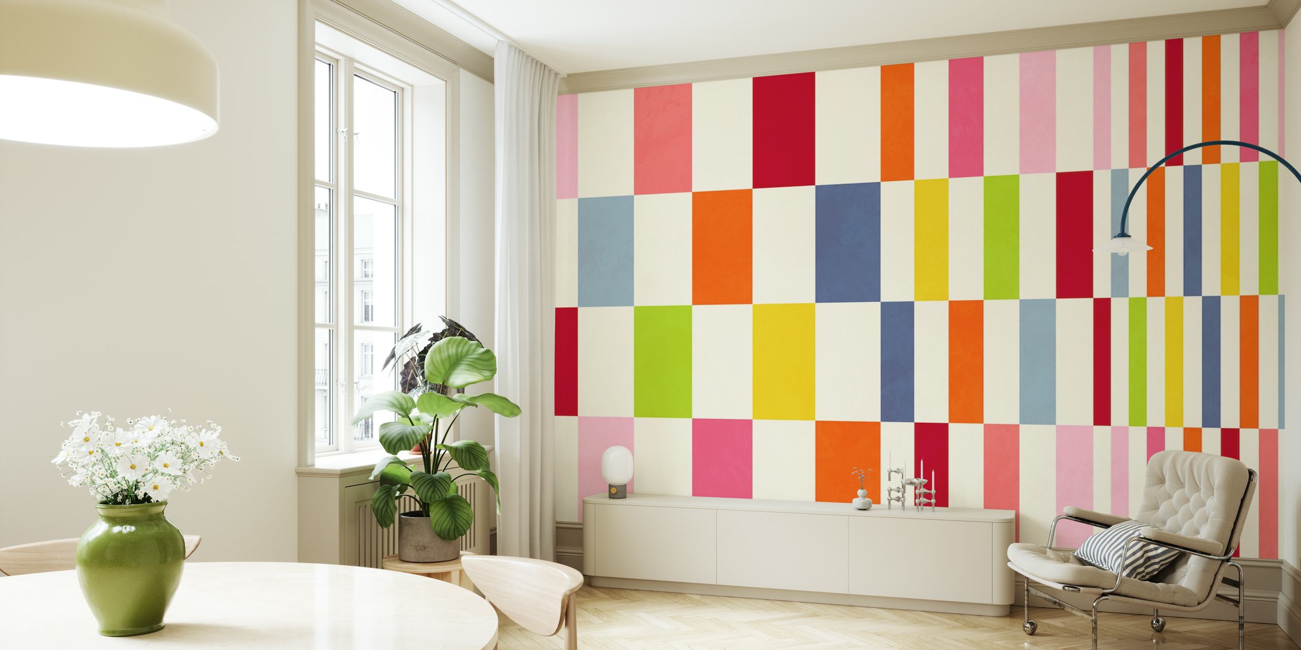 papel pintado mid mod squares spring en una habitación